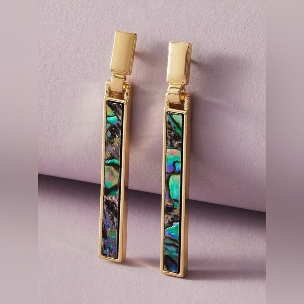 New Genuine Abalone Shell Linear Bar Drop Dangle Earrings - Picture 10 of 16